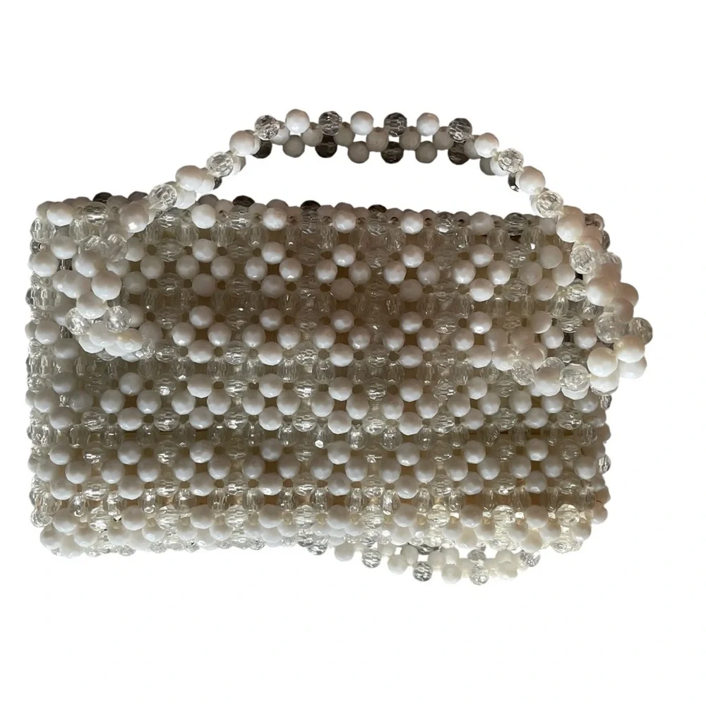 Vintage 1960s white/clear lucite beaded woven satchel handbag boho mod retro - Picture 2 of 10
